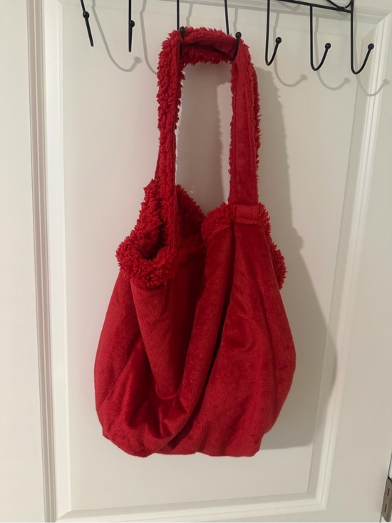 Handbags - Reversible Red Plush Shoulder Tote Bag